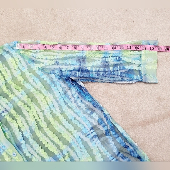Erin London SZ XL Sheer Blouse Green Blue Stripe Textured Mesh Button Front Top - Picture 10 of 13